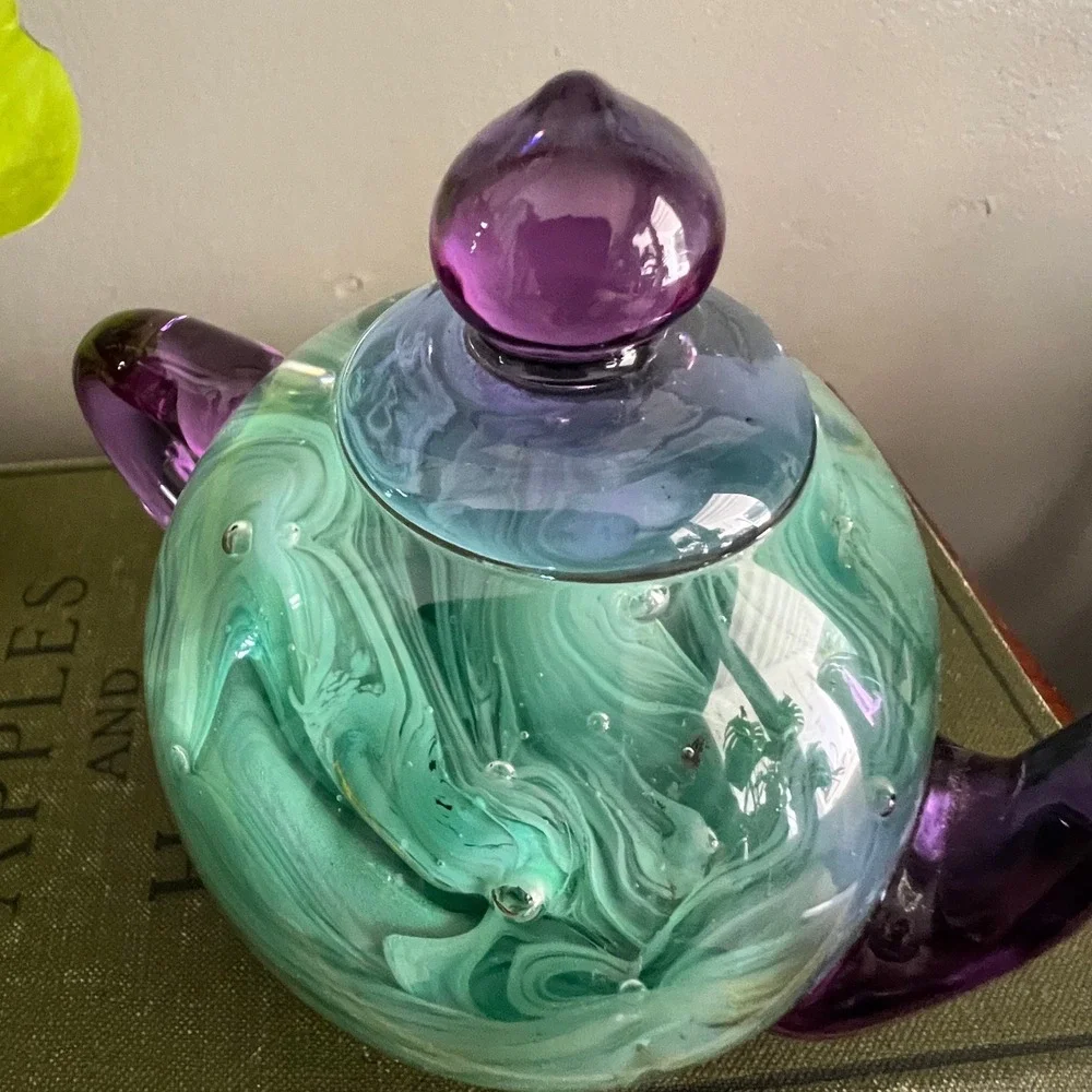 Art Glass Teapot Paperweight Teal Swirl Purple Spout Controlled Bubble Decor